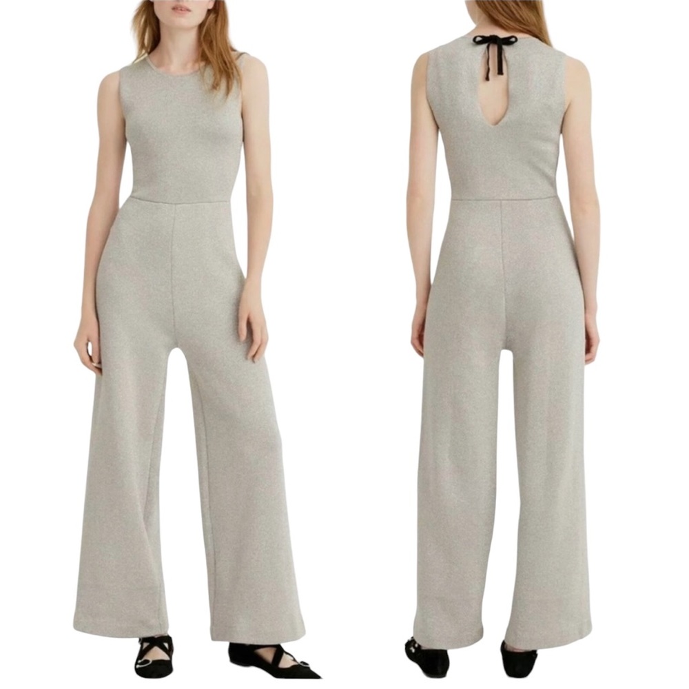 J. Crew Size Large Metallic Lurex Jumpsuit Sleeveless Silver Wide Leg Velvet Tie